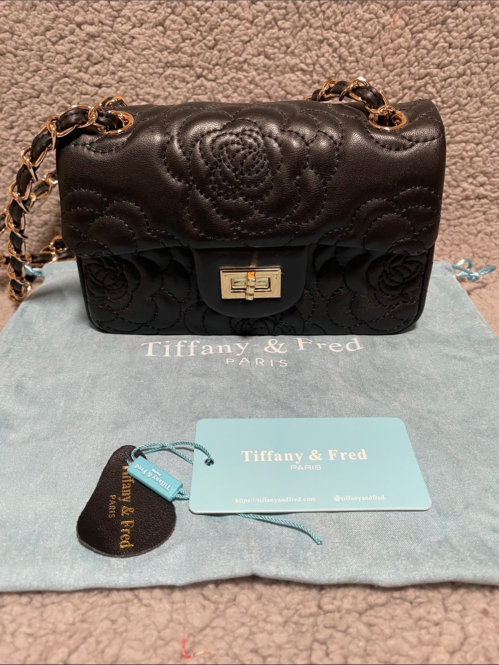 Tiffany & Fred Black Quilted Camellia Leather Crossbody with Gold Chain
